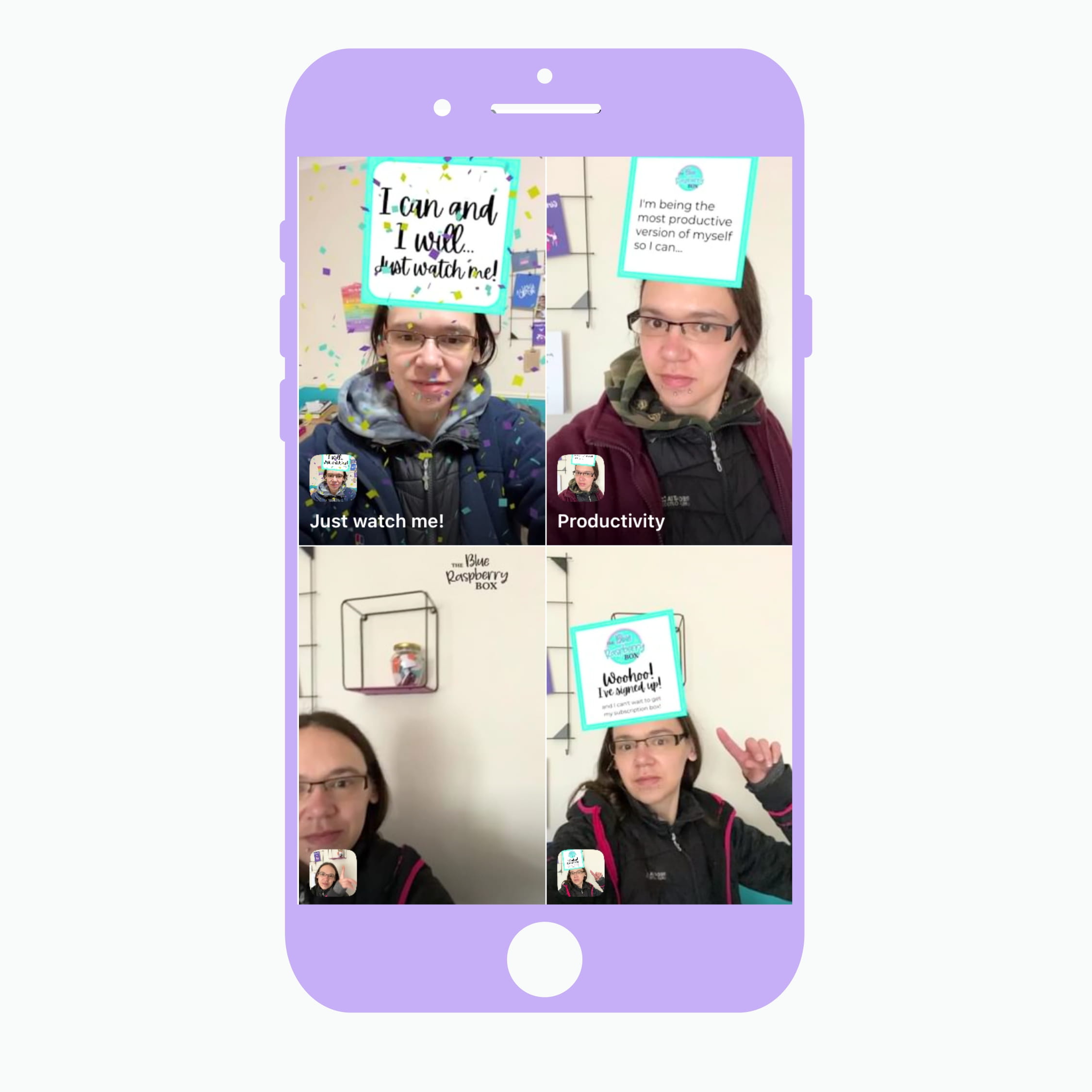 Image of four Instagram filters in a purple phone