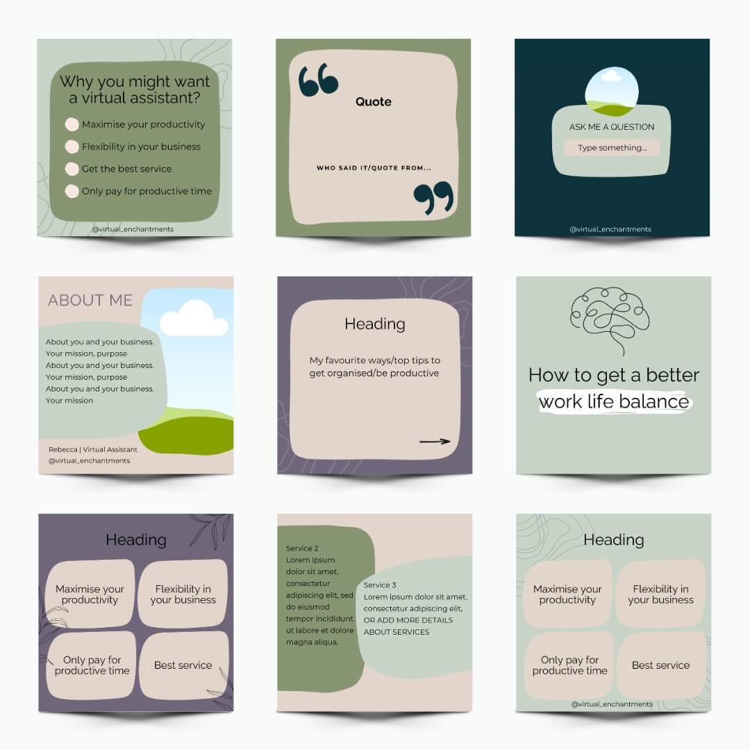 Grid of 9 graphics designed in soft greens, beige and purple