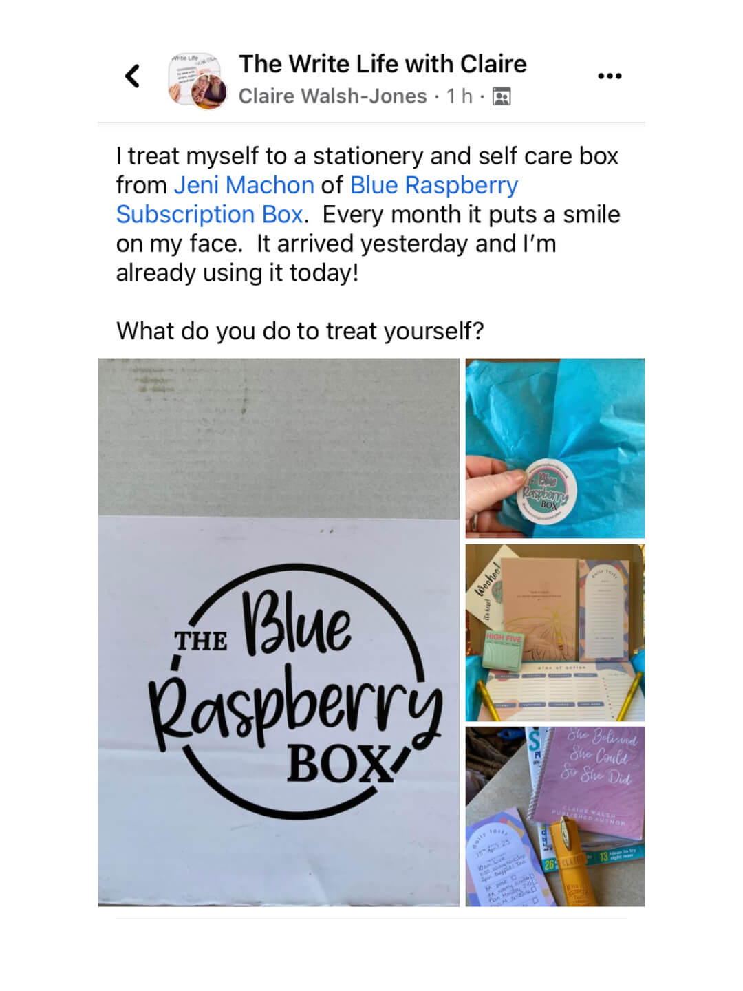 Screenshot of customer review. Three photographs of the box and stationery items.