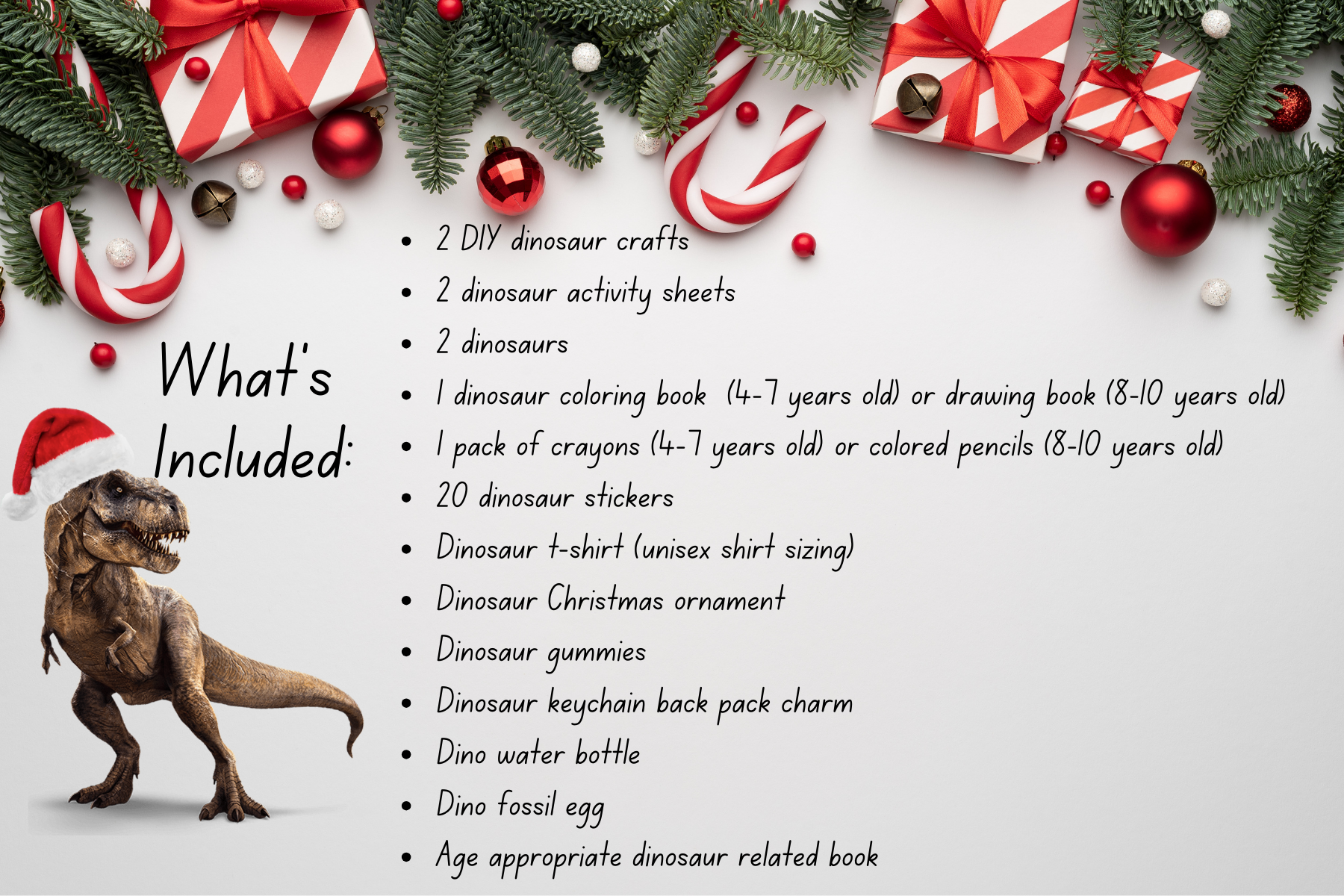 t-rex graphic listing items included in Santa Claws box