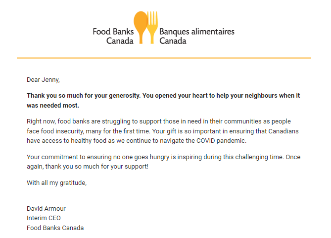 Confirmation of receipt from Food Banks Canada