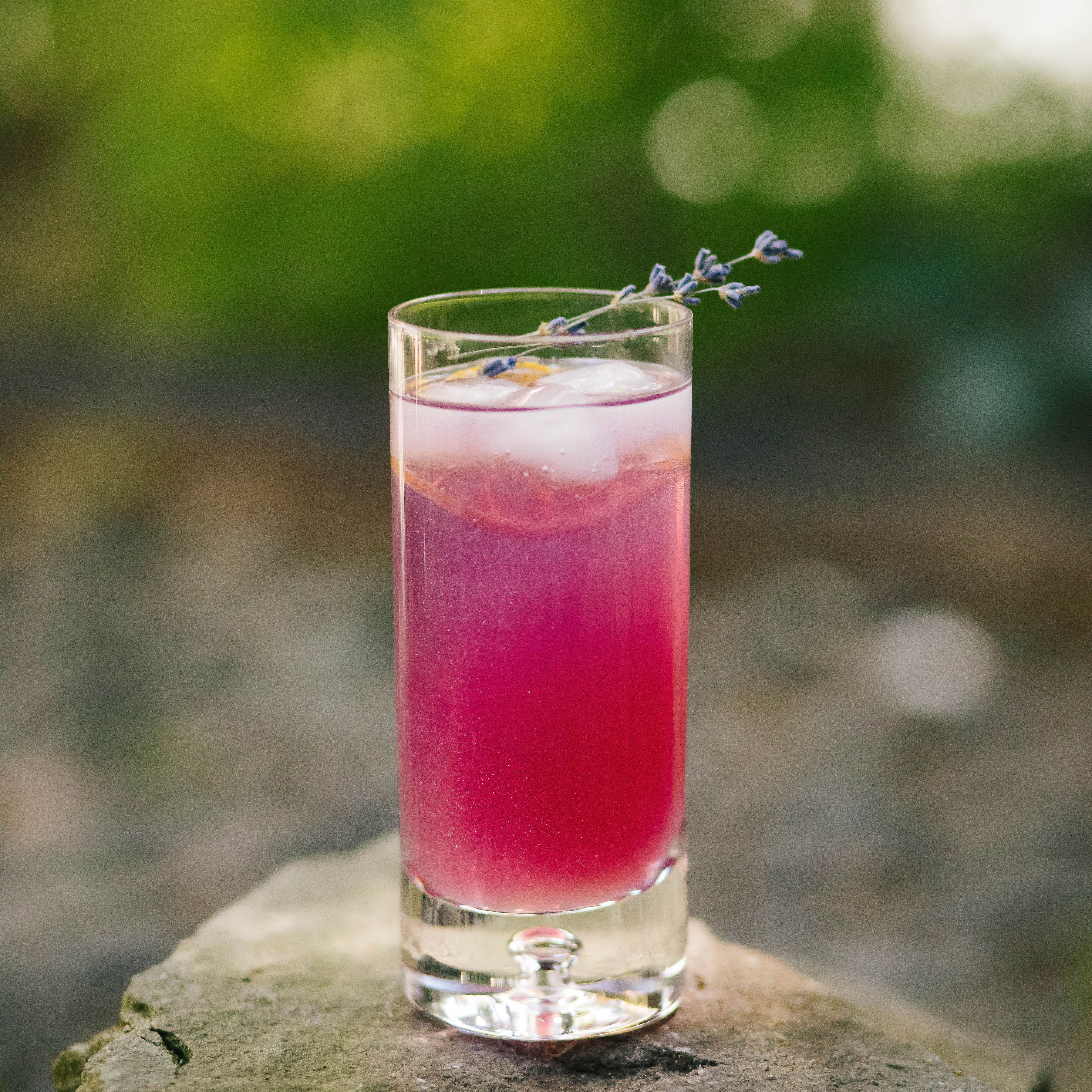 A photograph of a beautiful purple drink garnished with a sprig of lavender