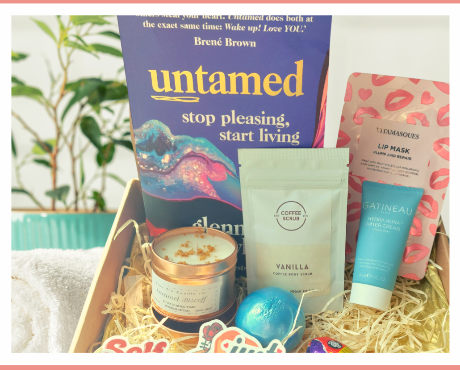 Photo of Whimsical Mama Box. Featuring 5 different self care and wellness products for mums.