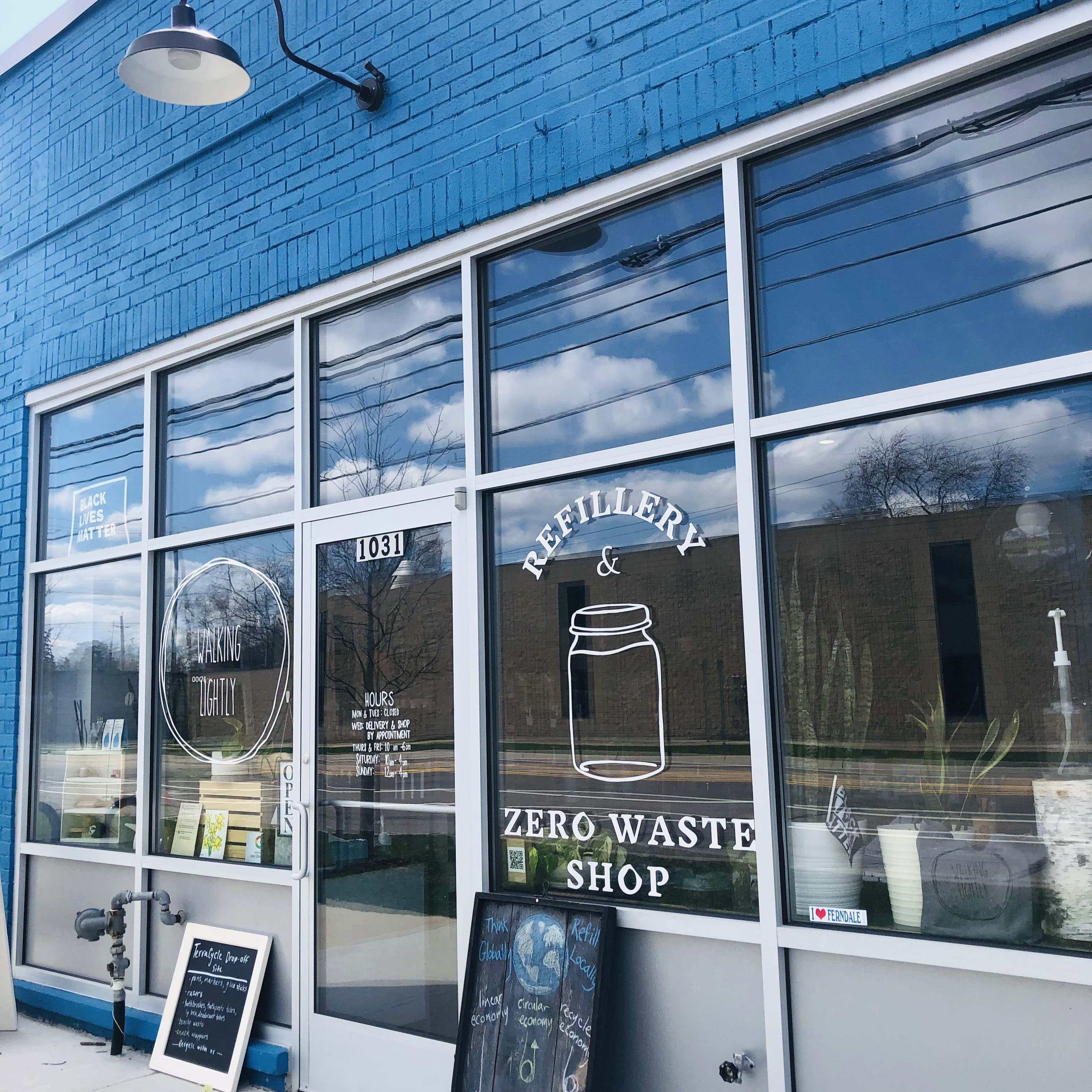 A photo of the storefront of Walking Lightly, a zero waste and refillery store in the metro Detroit area