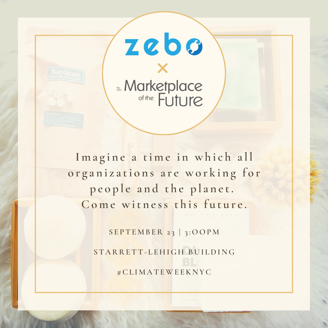 A poster announcing that Zebo will be attending New York Climate Week as a zero waste lifestyle brand